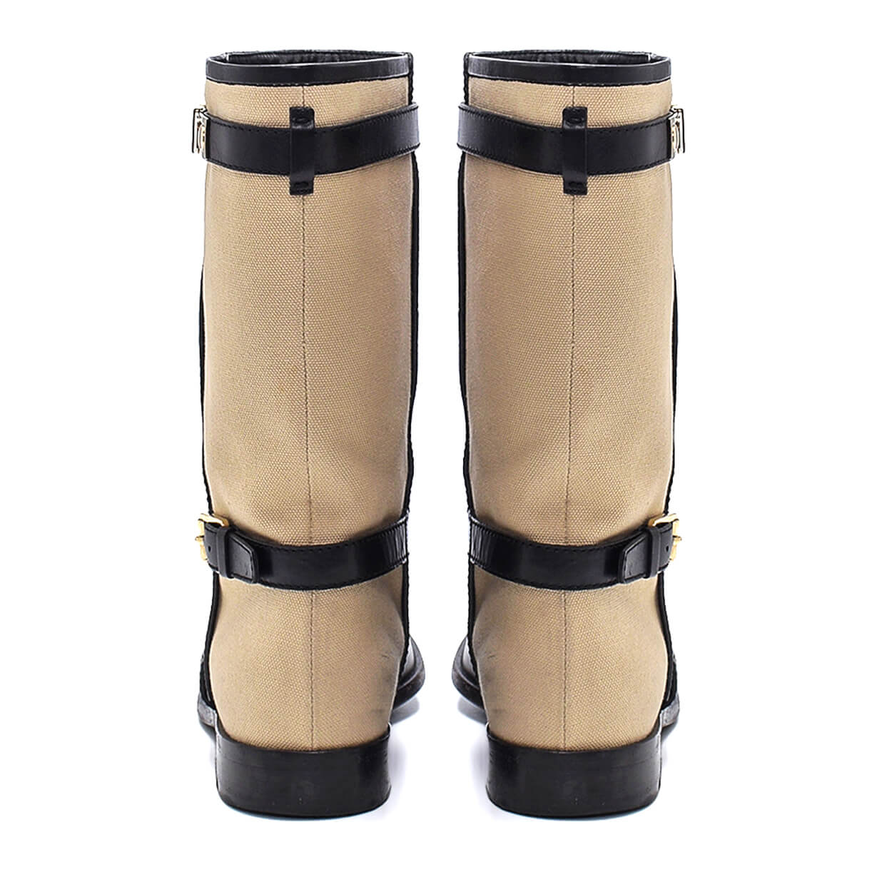 Christian Dior - Black Leather & Beige Canvas Colorblock Double Buckle Boots